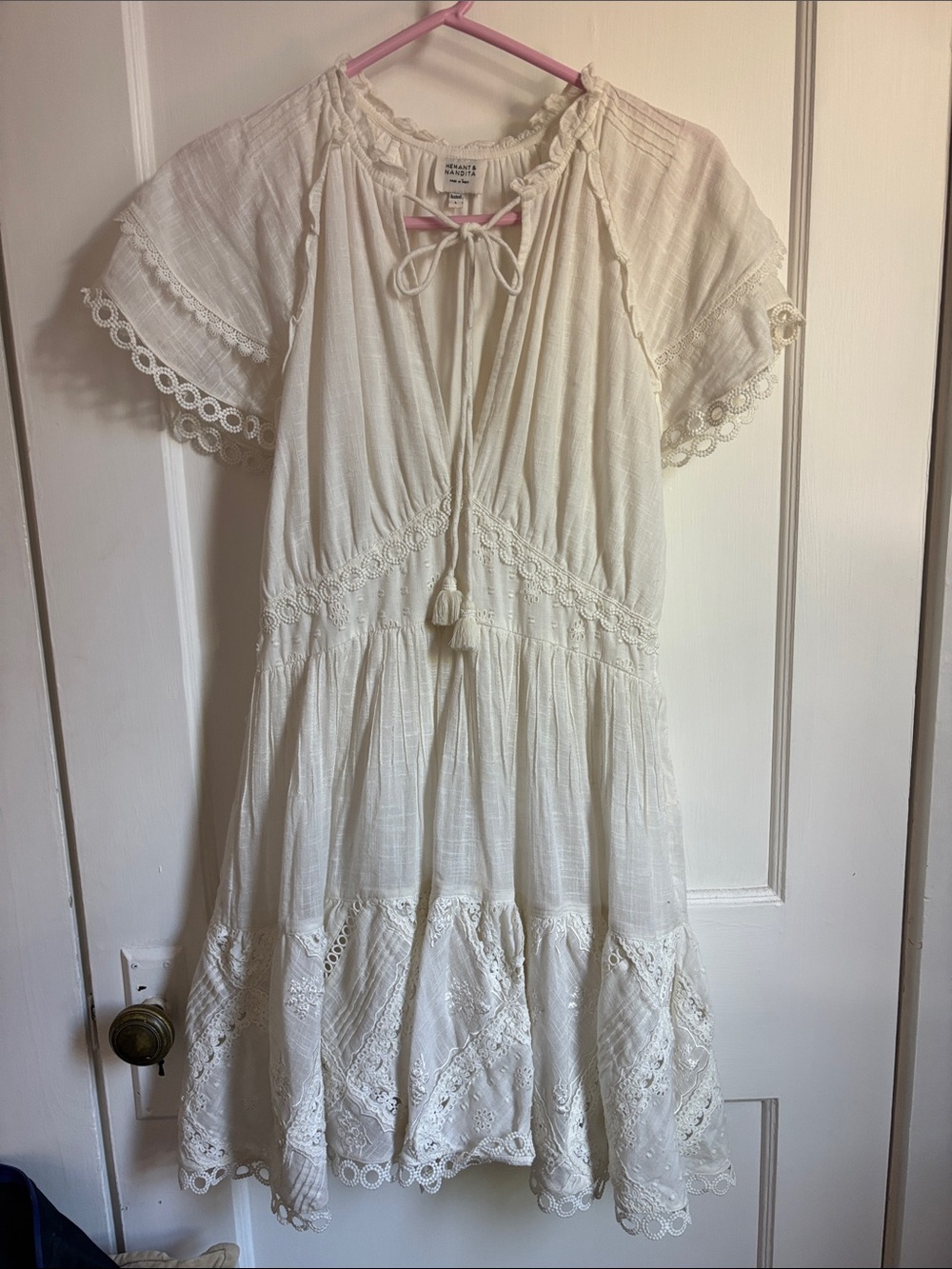Hemant & Nandita White Boho Lace Tiered Dress with Embroidery